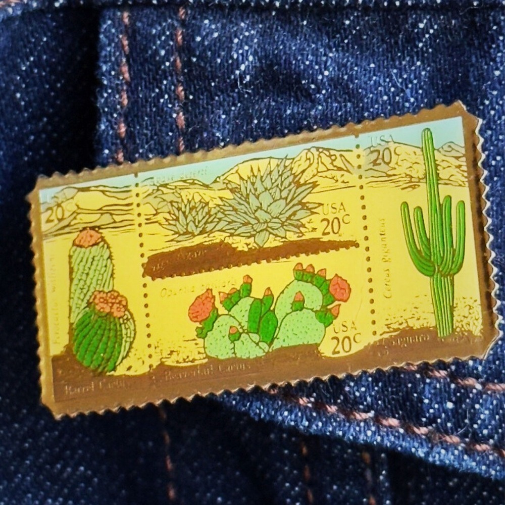 Cactus Stamp Pin Desert Plants Barrel Beavertail Saguaro Souvenir